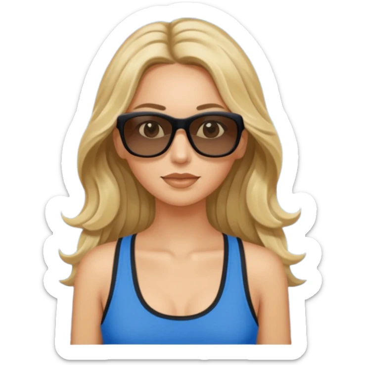 an olive tan woman with long, wavy blonde hair in a blue tank top wearing skinny black rectangular sunglasses sticker