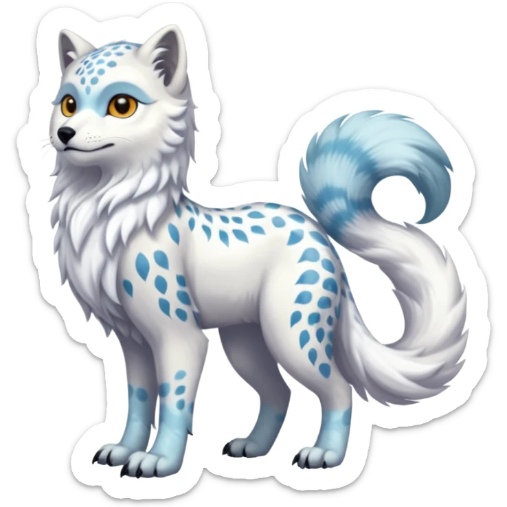 Realistic wild natural elegant pretty beautiful handsome shiny colorful furry 4-legged digitigrade arctic-fox-snowy-owl-snow-leopard-gryphon-griffin-albino-lion-fusion-hybrid-fursona-furry-animal-creature, full body, hyper-realism, long tufted tail sticker