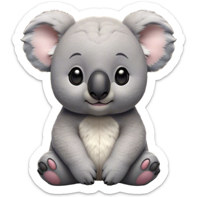 Cinematic Noble Koala Portrait Emoji, Poised and regal, with a stocky, cuddly build and a plush, well-groomed grey fur, large round ears and a distinctive big black nose, deep-set soulful dark eyes, Simplified yet sharp and sophisticated features, highly detailed, glowing with a soft, dignified glow, high shine, intelligent and gentle, stylized with an air of eucalyptus elegance, focused and attentive, soft glowing outline, capturing the essence of a watchful and confident marsupial, so majestic it feels as though it could climb out of the screen with effortless authority! sticker