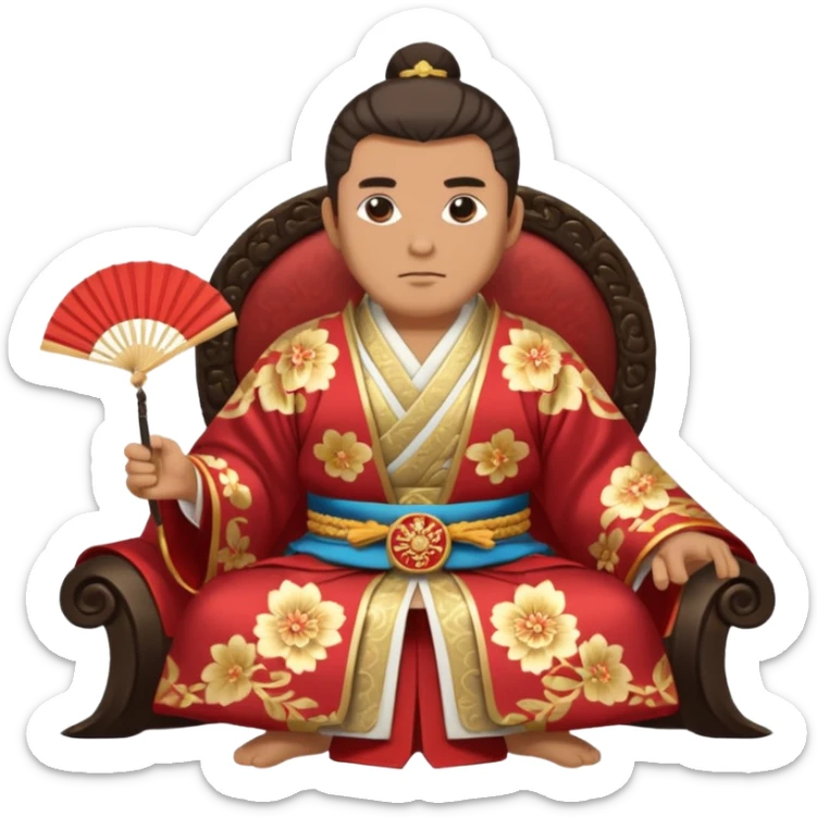 Wealthy warlord in ornate kimono, crest on chest, seated with fan in hand. sticker