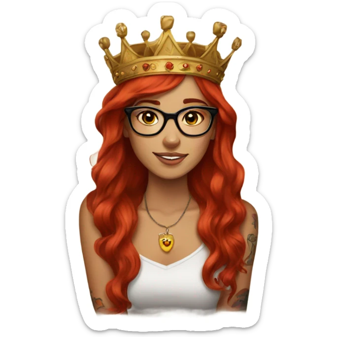 Beautiful girl, long red hair, tattoos, glasses and a crown sticker