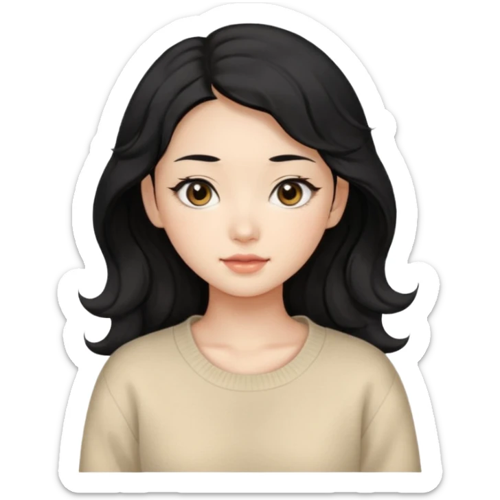 Beautiful girl,Black hair,wavy hair，long hair,Black eyes,Chinese, beige sweater  sticker