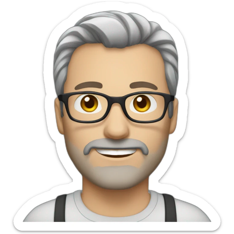 caucasian Man aged 40. Brown eyes. black glasses. Short stripped hair and short gray beard. B sticker