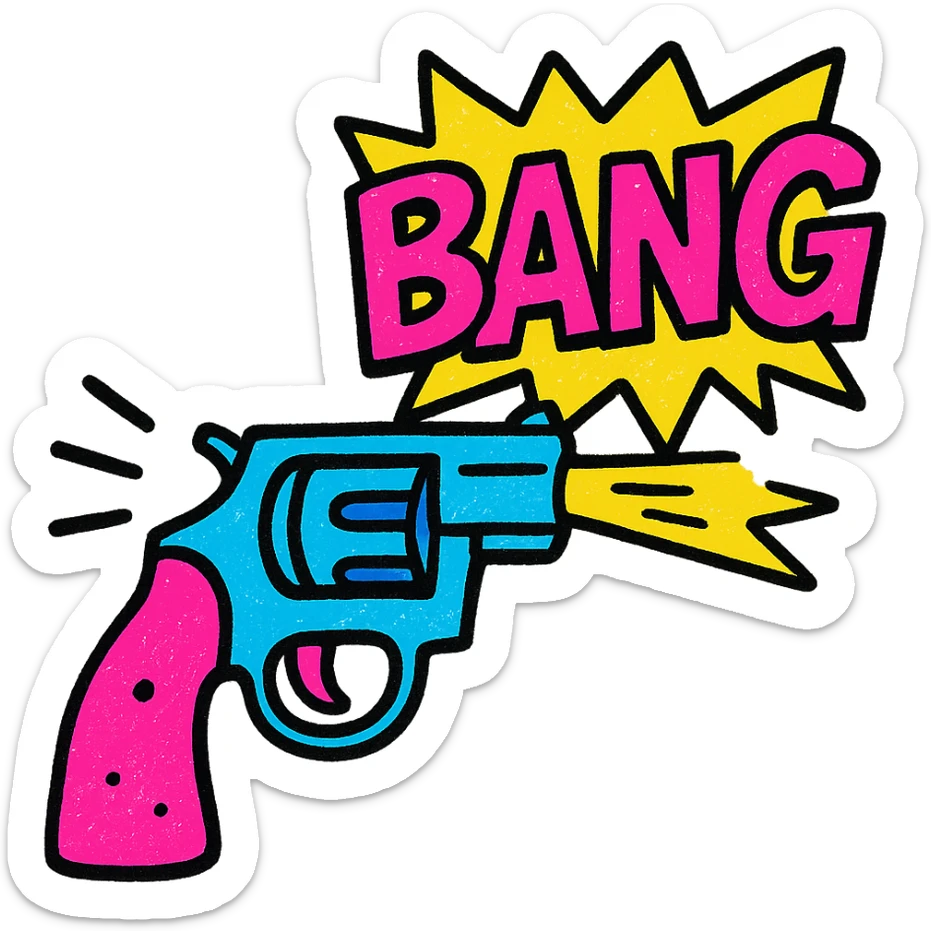 cartoon-style revolver firing with comic-style 'BANG' text popping out from the barrel instead of a bullet, pop colors style, bright colors, exaggerated motion lines sticker