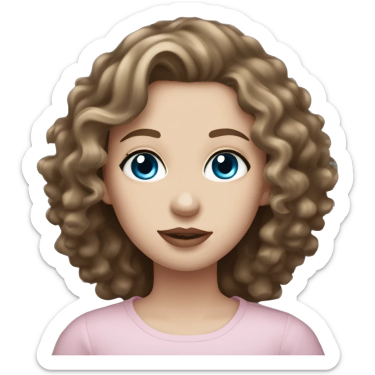 Girl with diamond blue eyes, pale skin, curly long length brown hair in a long sleeve black shirt and light pink plump lips, zoomed out to chest.  sticker