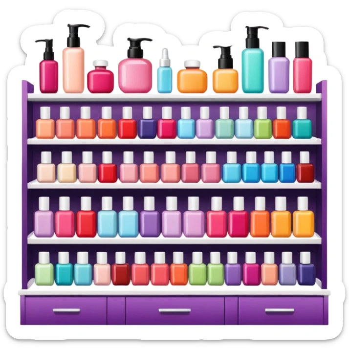 big beauty salon showcase with well-organized brand-labeled beauty products on a white shelves, vibrant colors sticker