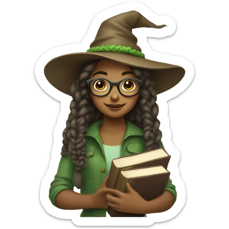 A girl with a braided hairstyle, wearing a brown witch's hat and round glasses. She is holding books in her hands. Her hair is in light green shades sticker