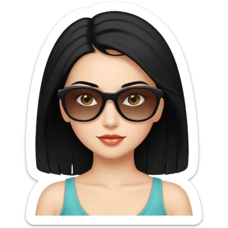 My Sexy wife with sunglasses, black hair, and awesomeness. She has some gray, she's super cute, and her sunglasses are on her head like she doesn't want to wear them. She has brown eyes and is just lovely. Her hair is down her back. No earrings. She is natural beauty sticker