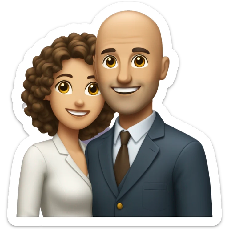 bald man without glasses and a shorter woman with dark brow curly hair, both smiling and waving hi. Show only uptil shoulders sticker
