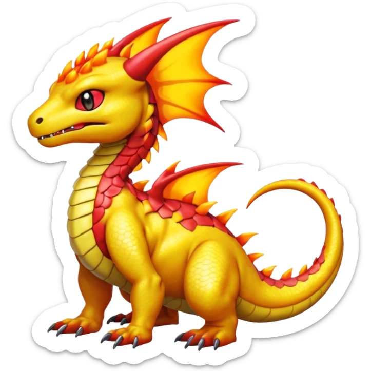 Cute Shiny yellow iridescent Guilmon-Salandit-Fakémon-hybrid-creature (full body)  sticker