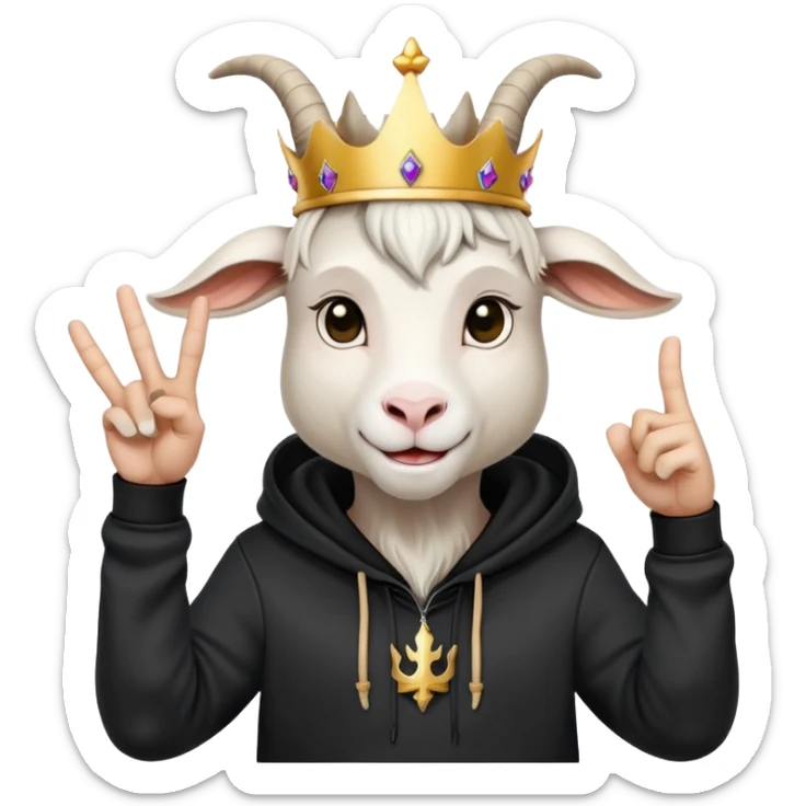 White Goat with horns and bread wearing black hoodie and a royal crown do the peace sign sticker