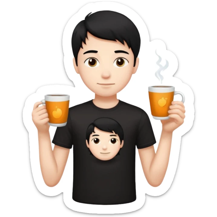 The boy teen have a black hair, and black T-shirt with a cup of tea. blue background  sticker