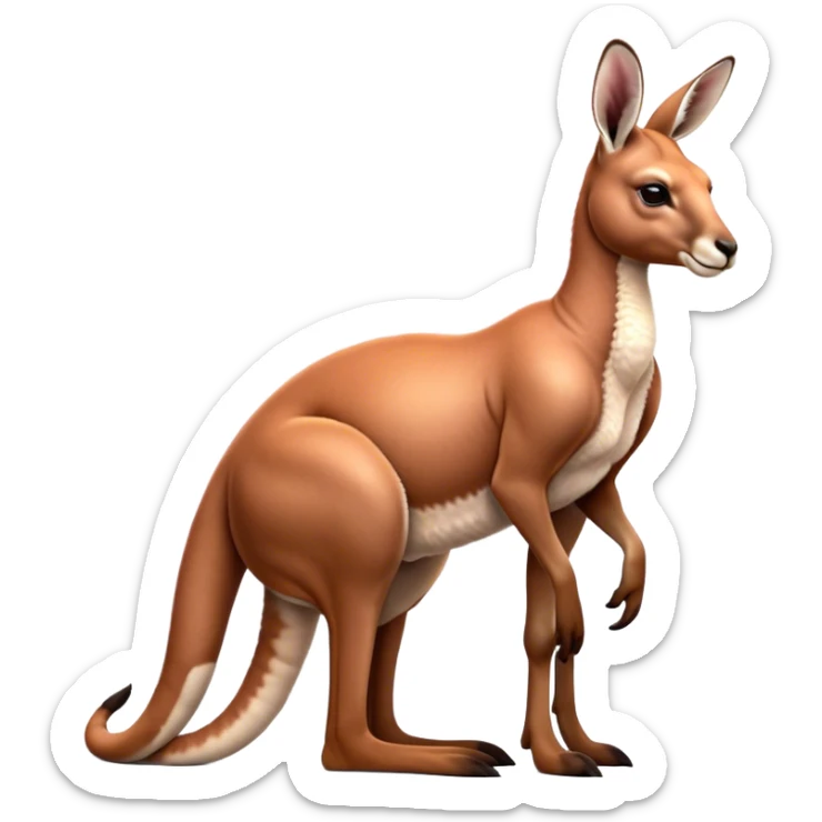 Cinematic Noble Adult Red Kangaroo Portrait Emoji, Poised and regal, with a robust, muscular build, tawny reddish fur, and a distinctive camel-shaped head featuring a slightly elongated snout, prominent ears, and keen, observant eyes, Simplified yet sharp and sophisticated features, highly detailed, glowing with a warm, sunlit glow, high shine, intelligent and commanding, stylized with an air of outback authority, focused and vigilant, soft glowing outline, capturing the essence of a watchful guardian that seems ready to bound out of the screen with effortless power! sticker