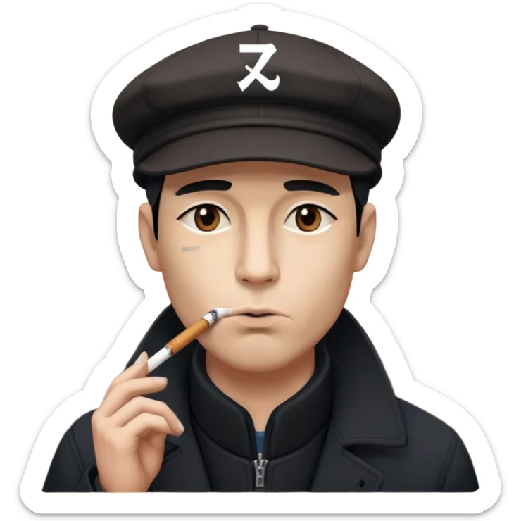 Retro 1920s man emoji: dark coat, flat cap, cigarette in mouth, face partly shadowed by cap. Moody industrial background. Add small "卍" symbol above head in Eastern philosophical style. sticker