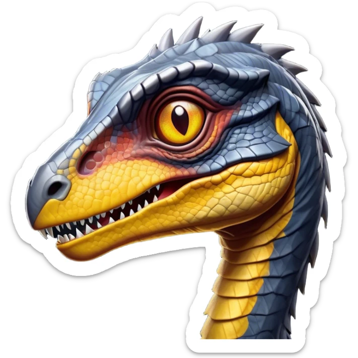 Cinematic Noble jurassic park Velociraptor Portrait Emoji, Poised and menacing, with a sleek, muscular build clad in dark, scaly skin reminiscent of jurassic park Park’s iconic raptor, a sharply curved snout and piercing, intelligent eyes that exude predatory cunning, Simplified yet boldly defined features, highly detailed, glowing with a cool, ominous radiance, high shine, intelligent and relentless, stylized with an air of cinematic prehistoric authority, focused and alert, soft glowing outline, capturing the essence of a watchful and confident jurassic park Velociraptor that appears ready to dash out of the screen with effortless power! sticker