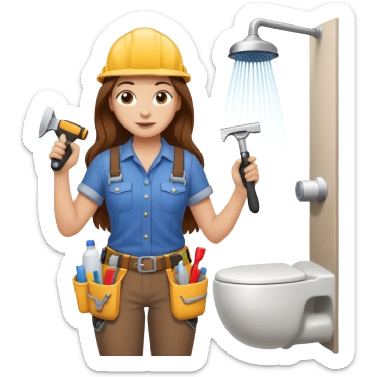 beautiful girl with long brown hair constructing new bathroom area with new shower and amenities  sticker