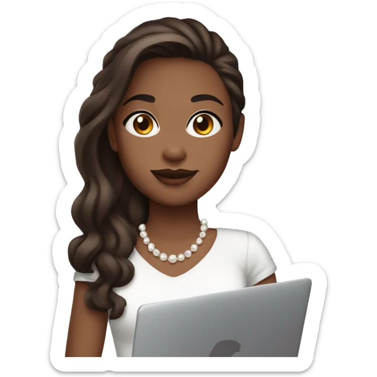 Girl with dark brown hair dark brown eyes and white skin wearing pearls and hold macbook sticker