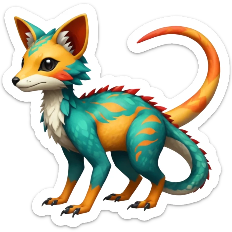 Rare realistic exotic edgy epic pretty beautiful handsome gorgeous aesthetic colorful vibrant Vernid-Trico-species-Fakemon-creature by LiLaiRa, 4 legs, 1 tail, random markings, (full body) sticker