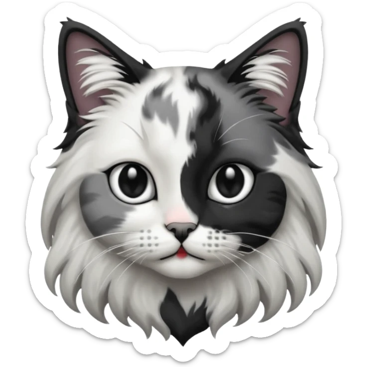 black and white long hair cat. black nose. black splotch near nose (on the right side). white chest. sticker