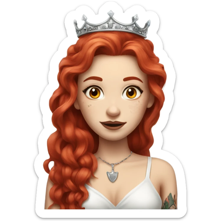 Beautiful girl with white skin, long red hair and tattoos and a crown sticker