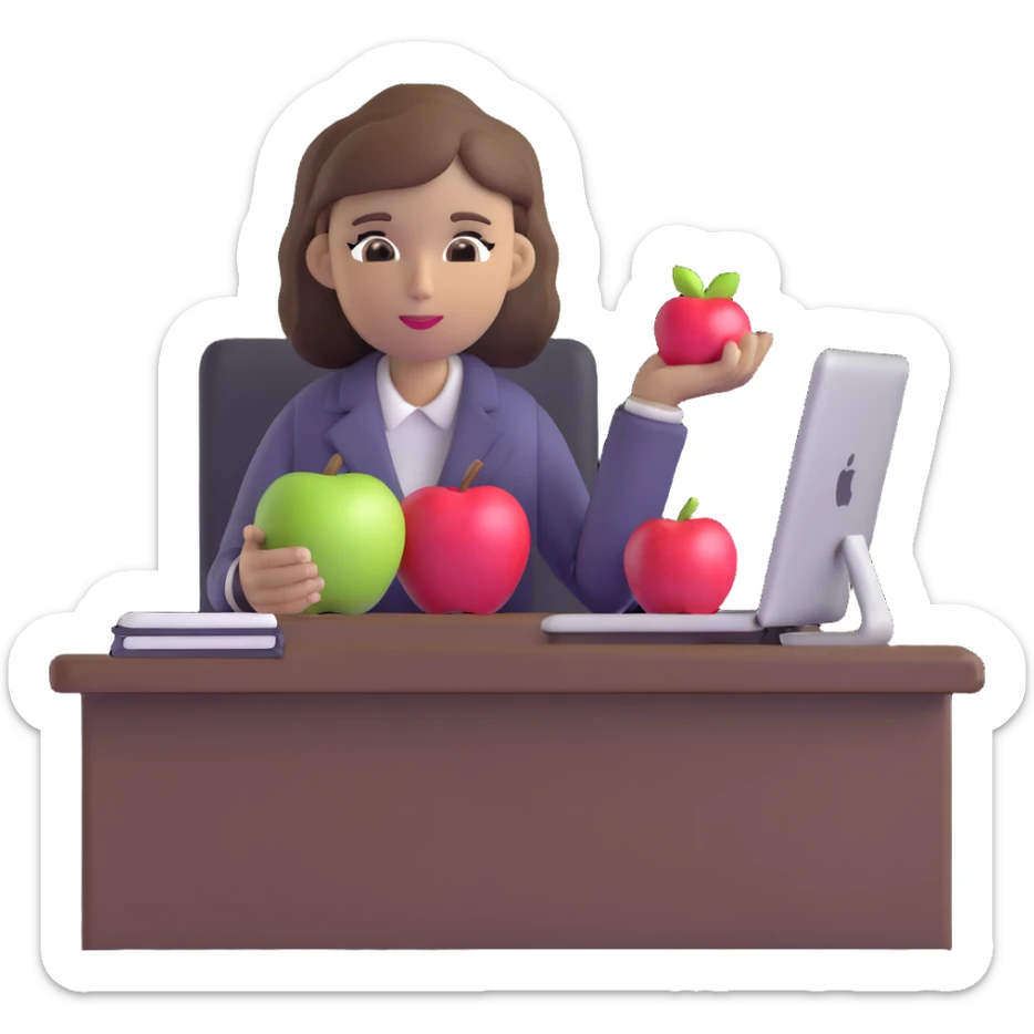 woman English teacher with brown hair, at a desk with an apple sticker