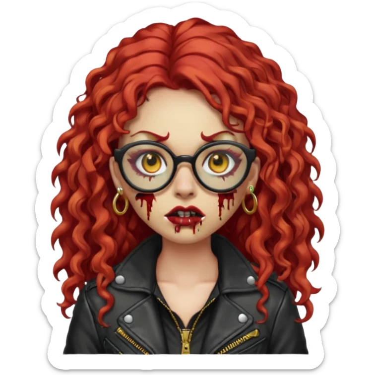 zombie girl emoji with long red curly hair, thick lashes, black glasses, gold nose piercings on each nostril, and a gold eyebrow piercing. sticker