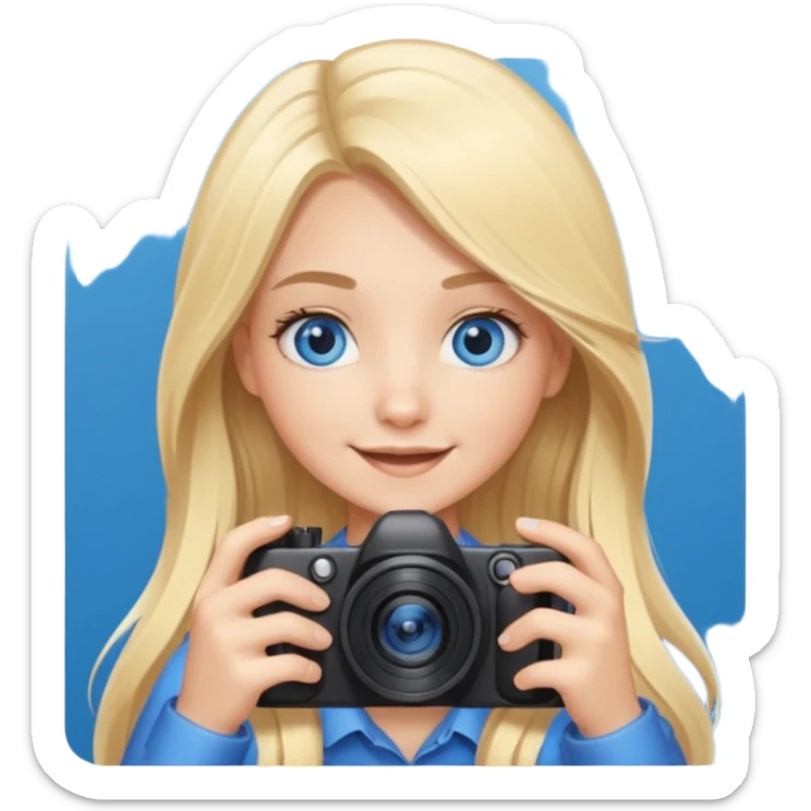  blue eyes blonde girl photographer cartoon taking picture in middle of taking picture camera in front of face long hair smiling funny flash professiona sticker