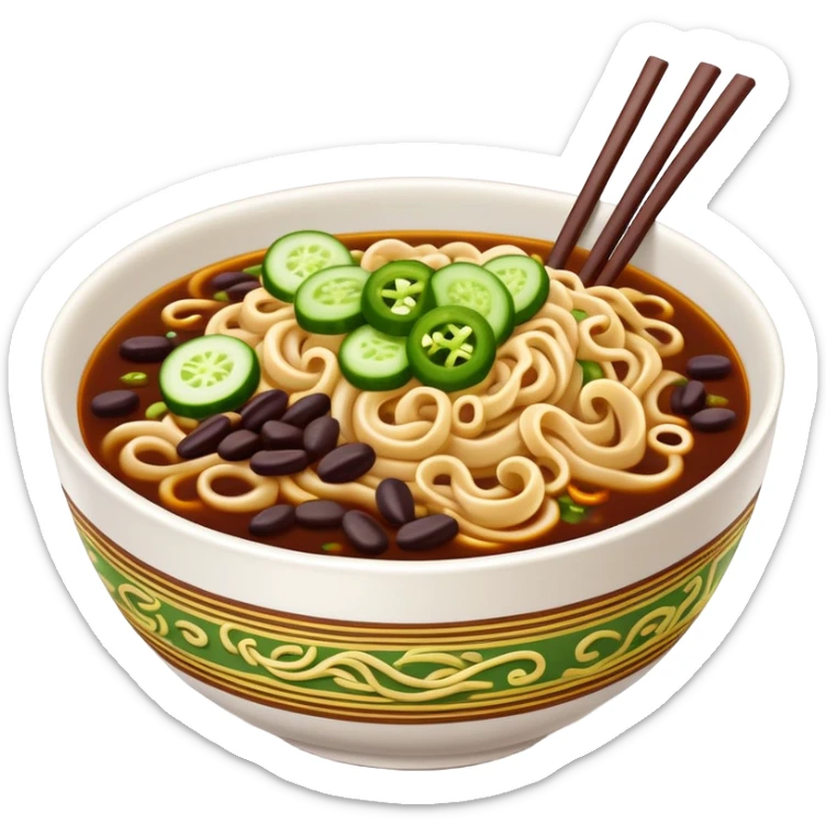 Beijing Zhajiang noodles with dark bean sauce and cucumber toppings, simplified emoji style with bold outlines and bright colors, cartoon style northern Chinese noodle dish sticker
