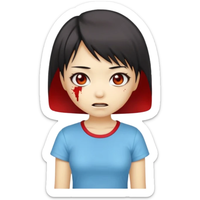 chibi Asian zombie girl emoji, Ada Wong bob haircut, light blue skin, red pupils, shy smile sticker