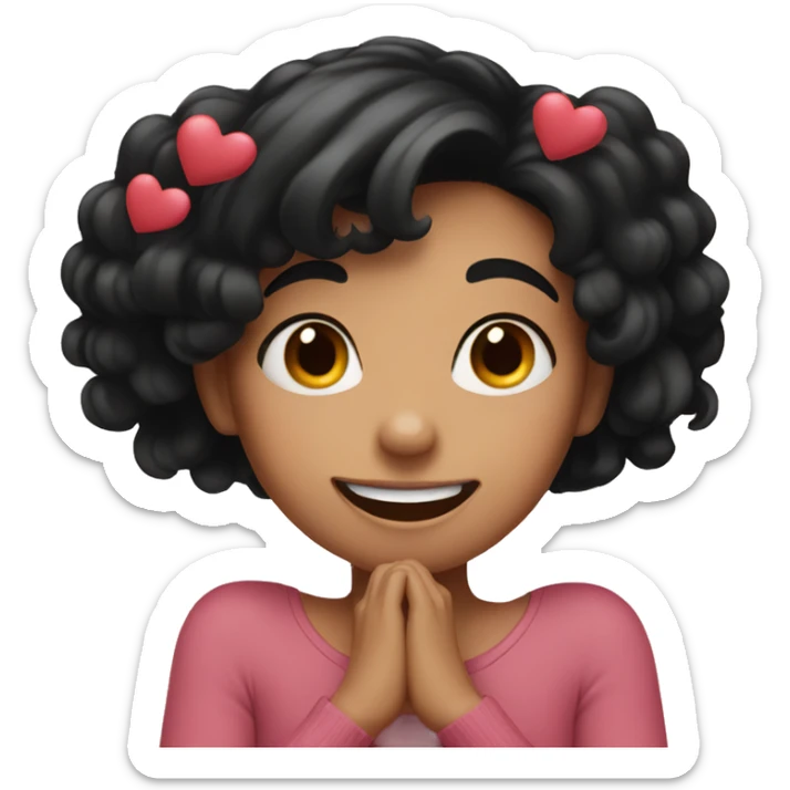 girl with black hair smiles with her hands next to her face and hearts sticker