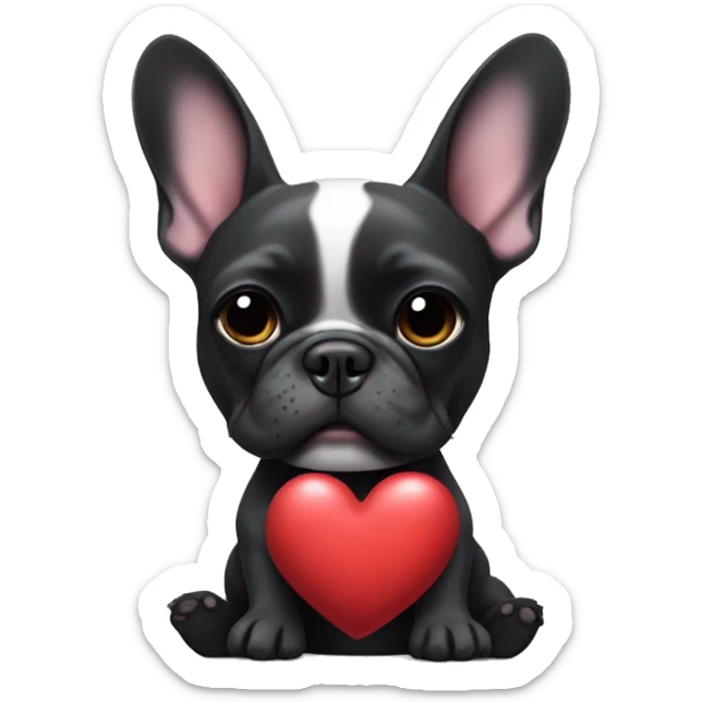 Black french bulldog with a tiny white mark on chest. Holding a heart pillow  sticker