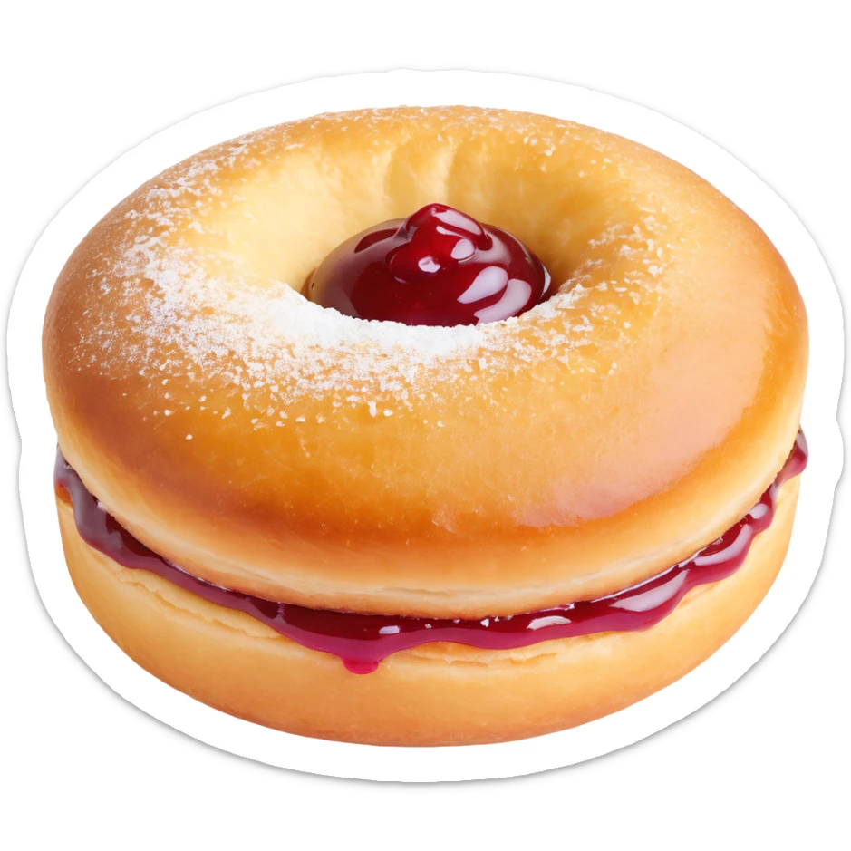 a single Berliner Krapfen pastry, round, golden-brown, no hole, heavily covered with powdered sugar, visible jam filling sticker