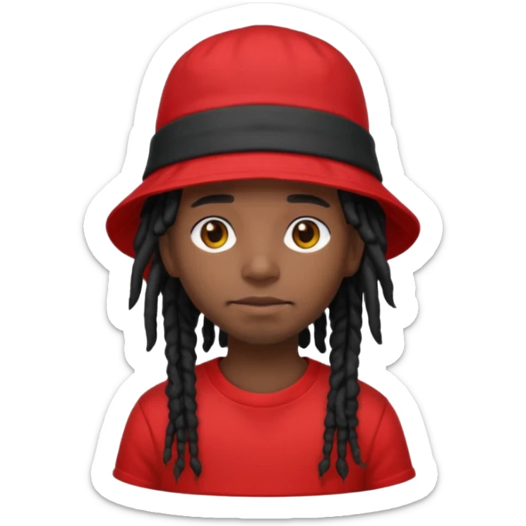 dark brown skin, black hair dreadlocks, wear red t-shirt, black bucket hat sticker