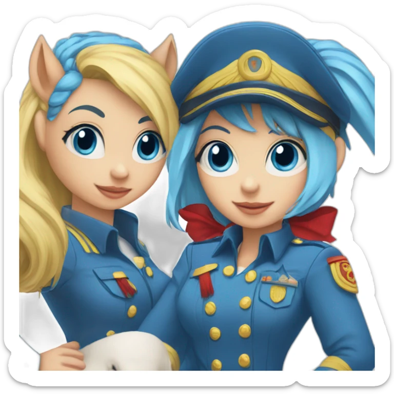 mysterious blue-eyed girl in uniform with red mask with two poney tails and blue hair sticker