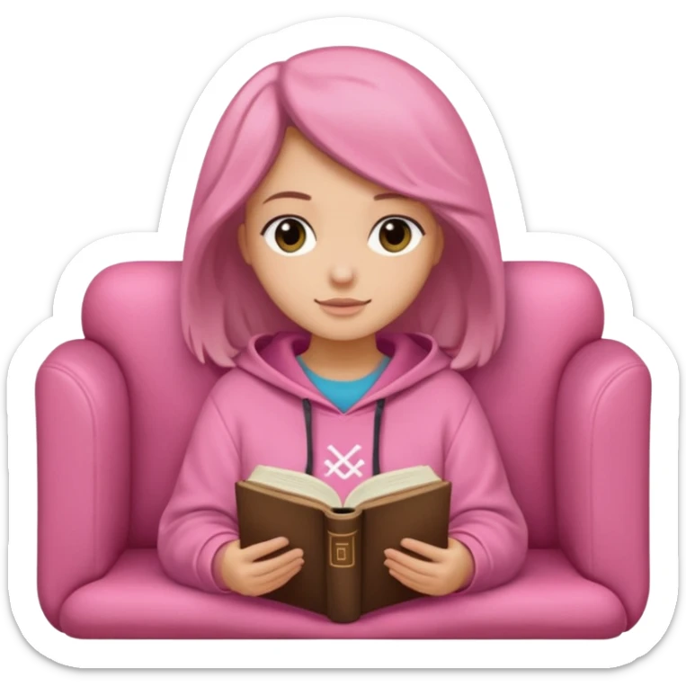 Una chica linda de cabello oscuro con ondas hasta los hombros de piel blanca con una sudadera rosa en un sofá cómodo y hermoso leyendo la biblia sticker