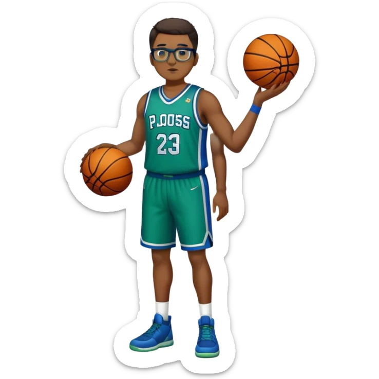 Full Body tall plus size white male with dark short hair basketball player wearing glasses wearing blue green uniform sticker