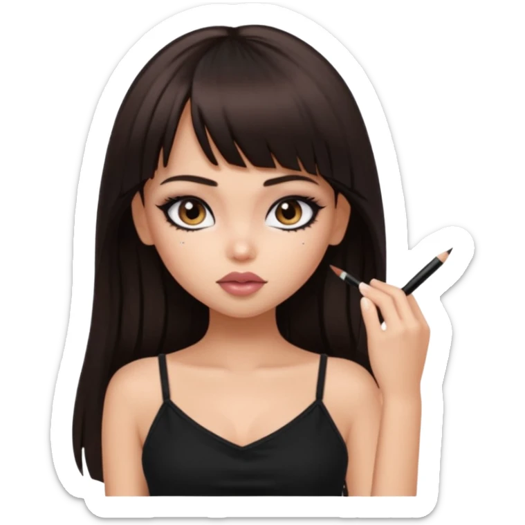generate a pretty bratz girl in black cami top, dark brown straight long hair with bangs, eyeliner on, sticker