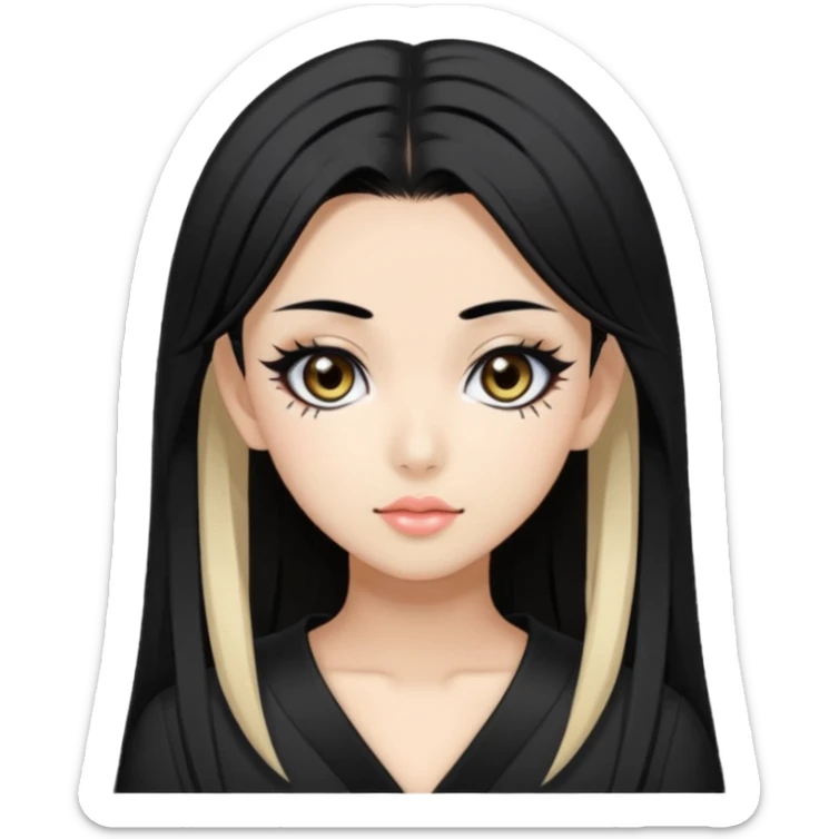 Hime gyaru girl, medium-long, straight black hair, black slanted eyes and thin black eyebrows, gyaru makeup, sticker