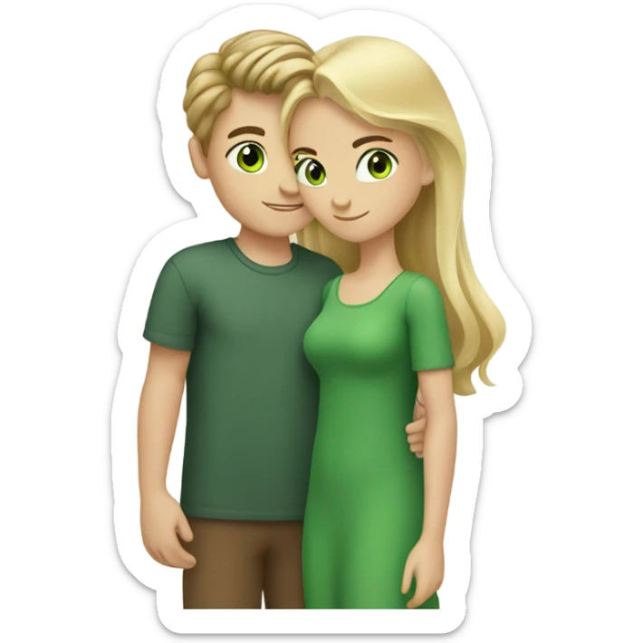 Blond boy with green eyes and brunette girl with brown eyes hold hands in love sticker