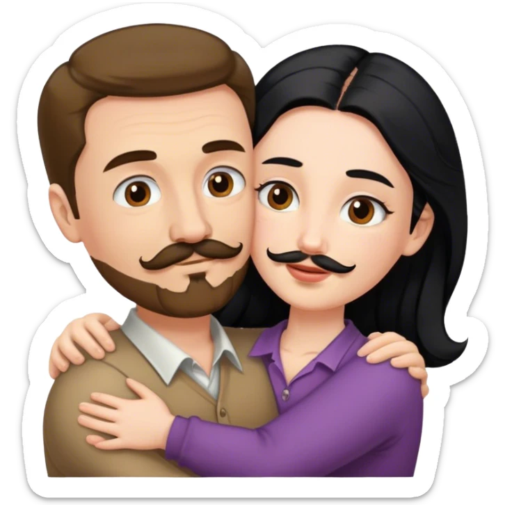 Tall white man with brown mustache and goatee hugging a short pale woman with long black hair sticker