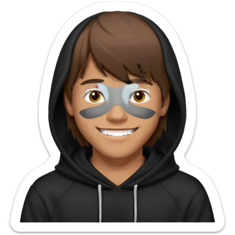 20 yr old man, brown hair, straight, big smile, white teeth, tanned skin, bangs, black hooded sweatshirt, long hair in back, middle parted bangs sticker