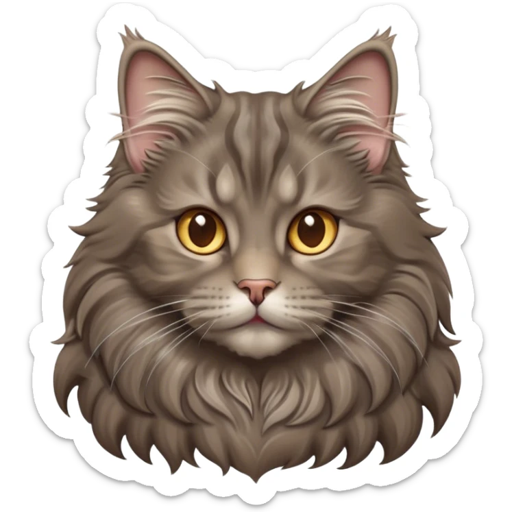 Cinematic Adorable Fluffy Grey-Brown Maine Coon Cat Portrait Emoji, Head tilted playfully and inquisitively, rich grey-brown fur with soft, flowing tufts, Simplified yet charming features, highly detailed, glowing with a warm, friendly glow, high shine, curious and affectionate, stylized with a touch of whimsy, bright and alert, soft glowing outline, capturing the essence of a mischievous yet loving kitten, so endearing it feels like it could pounce out of the screen with its fluffy tail swishing gracefully! sticker