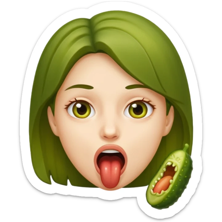 A girl opening her mouth insanely wide with a pickle inside her mouth  sticker
