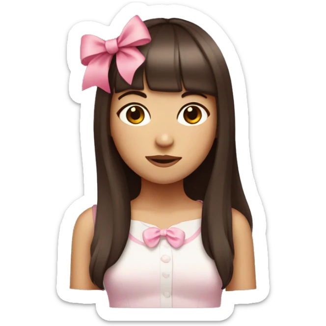teenage girl with dark red straight hair and bangs with a pink bow in her hair sticker