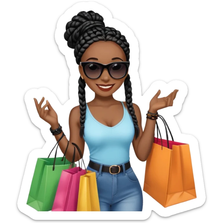 A dark-skinned Black woman with black box braids, holding shopping bags, wearing stylish sunglasses, smiling. sticker