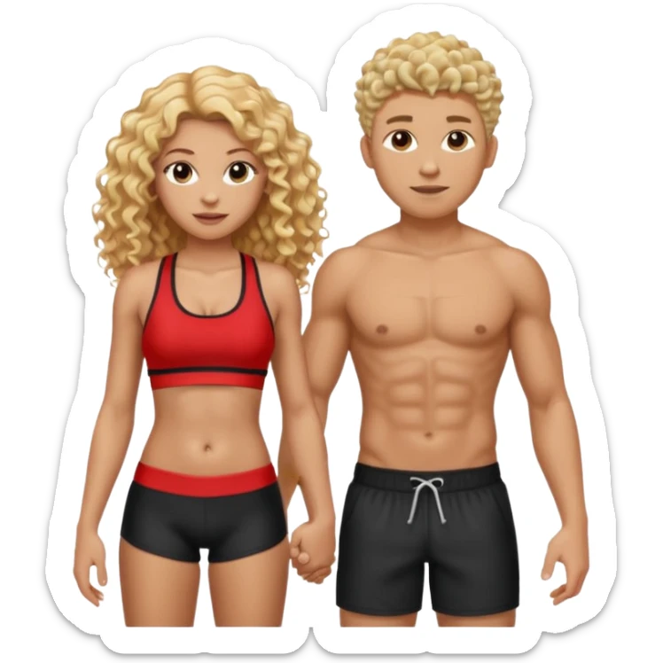 athletic man, high top fade, blonde curly hair only top only, no shirt and Athletic girl with long light red wavy long hair and black sports, Put them together kissing, or holding hands sticker