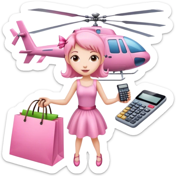 pink fairy girl with shopping bags in one hand and a calculator in the other flying in a helicopter sticker