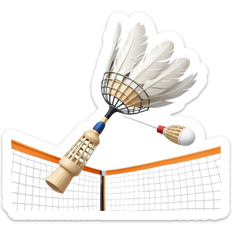 A shuttlecock mid-air above a badminton court, with its feathers spread wide and the background showing a faint outline of a net. The image emphasizes motion and lightness, symbolizing the speed and precision of the sport without players in sight sticker