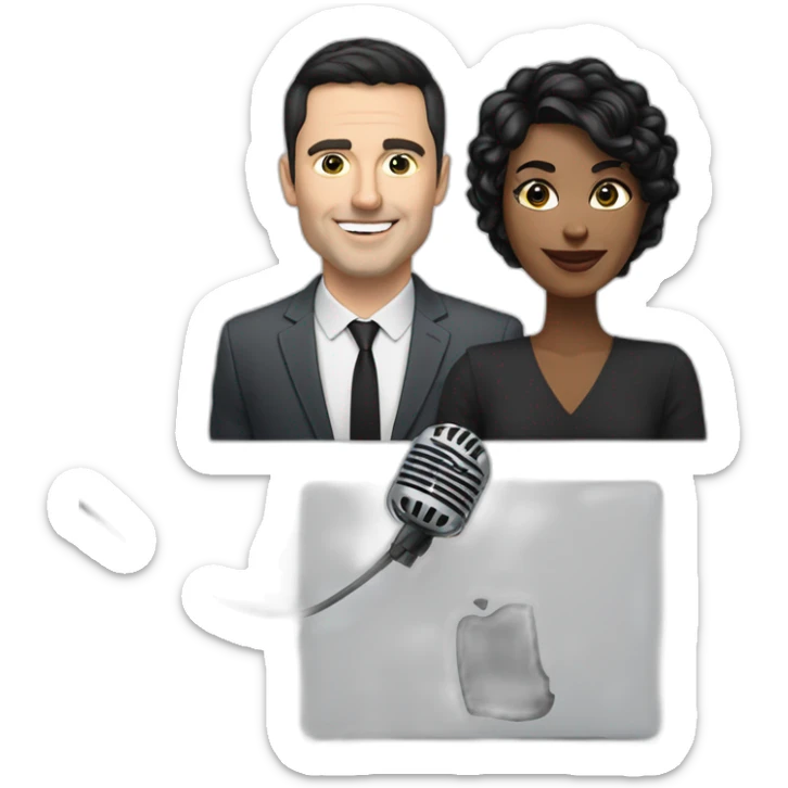 White man with dark hair next to a woman with short white hair, podcasting with mics and a MacBook sticker
