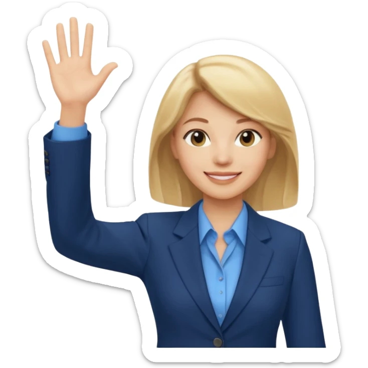 Make emoji of business woman with light skin and medium blonde hair in a dark blue business suit and light blue shirt waiving to new clients sticker